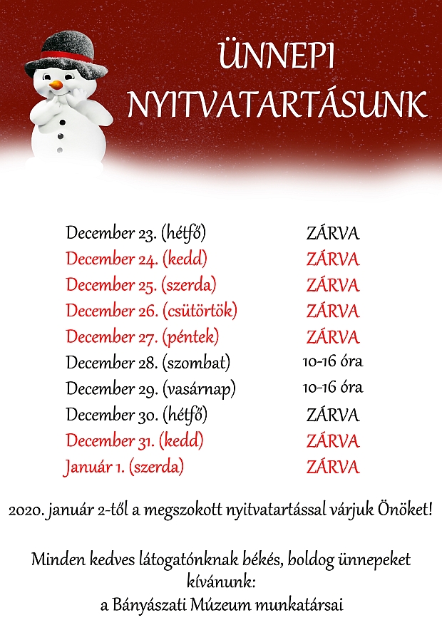 Bányászati Múzeum ünnepi nyitvatartás 2019