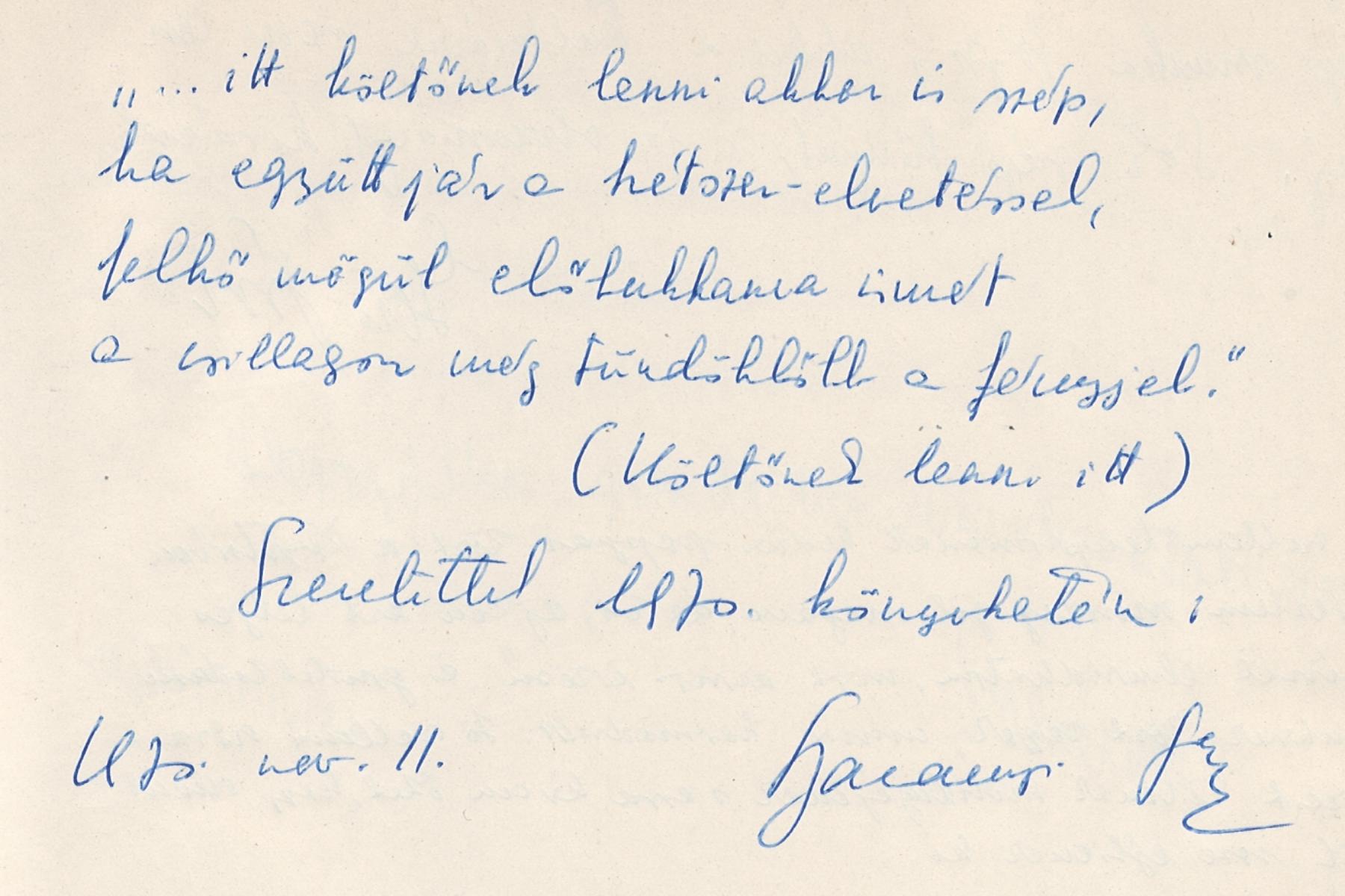 Baranyi Ferenc bejegyzése vendégkönyvünkben 1970-ből 